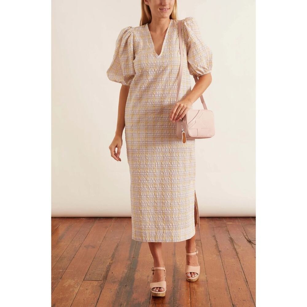 GANNI Seersucker Check Print Puff Sleeve Midi Dress - Picture 2 of 14